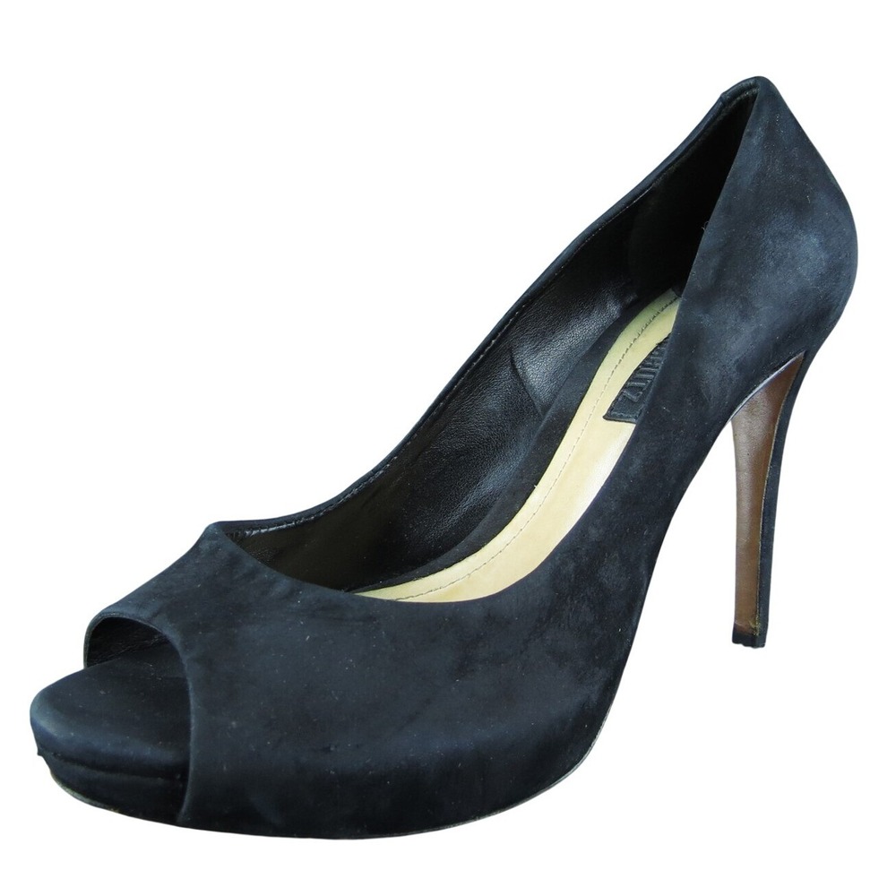Schutz Women Peep Toe Heel Shoes‎ Black Leather Size 8 Medium